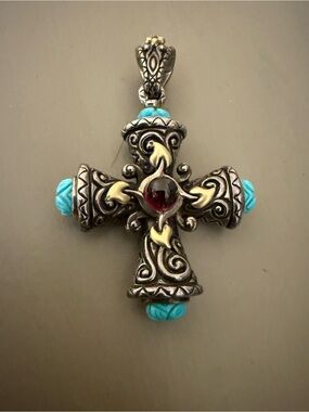 Barbara Bixby Sterling & 18K Turquoise Garnet Cross Pendant Enhancer EUC HTF